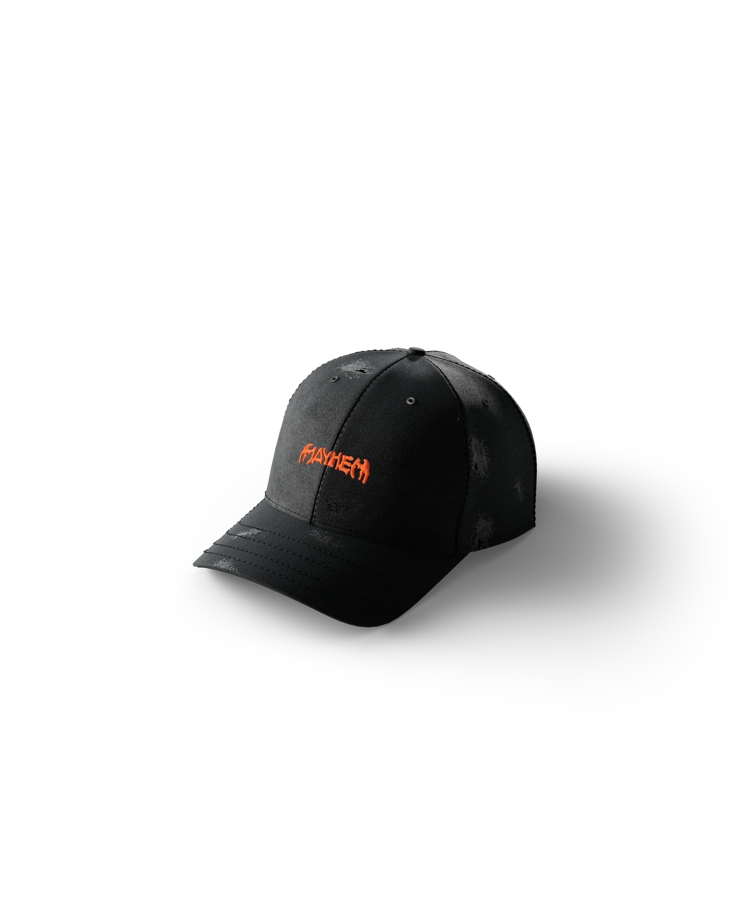 Lady Gaga black MAYHEM hat featuring orange embroidered “MAYHEM” logo on distressed black baseball cap