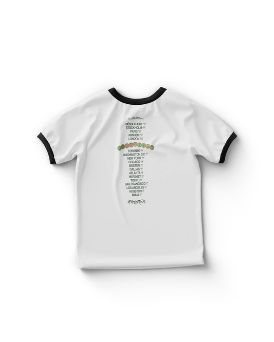 Lady Gaga Chromatica Ball tour ringer T-shirt back with full list of global tour cities printed in stacked layout with Chromatica graphic accents