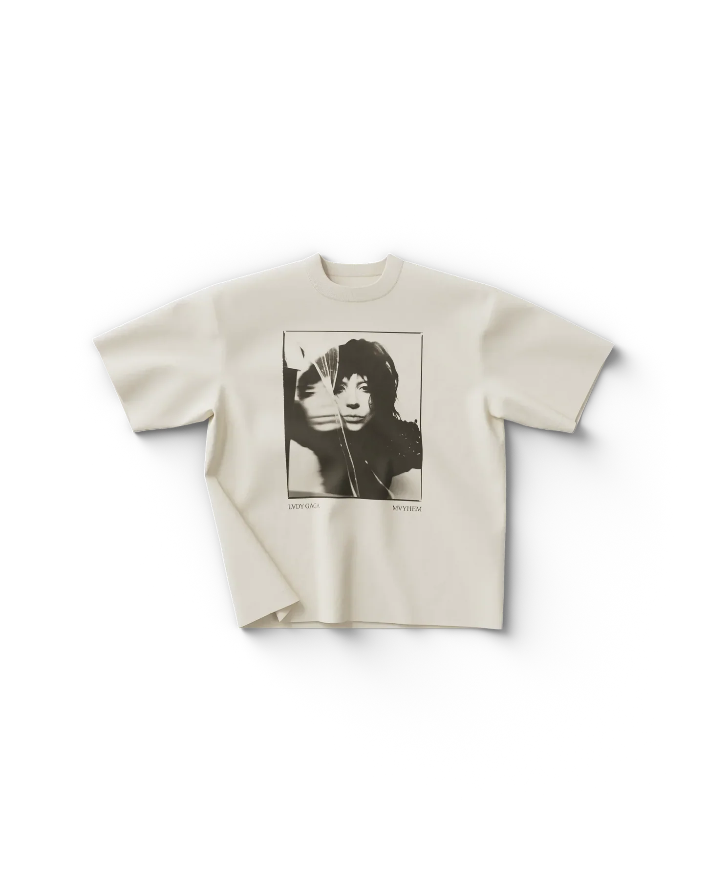 Cream Lady Gaga t-shirt front featuring black and white portrait photo print with Lady Gaga Mayhem text underneath