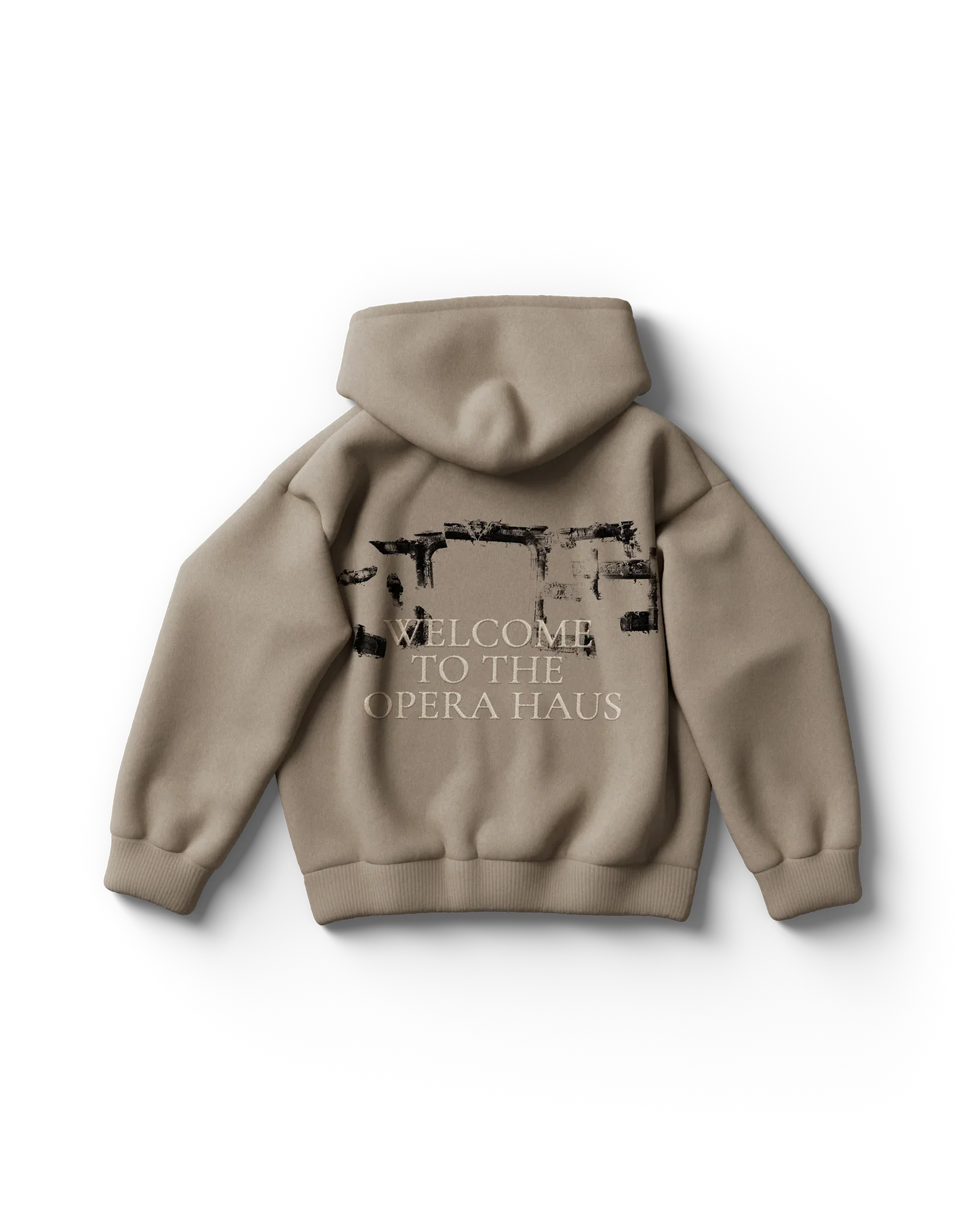 Beige Lady Gaga hoodie back view with large graphic text "Welcome to the Opera Haus" with distressed design