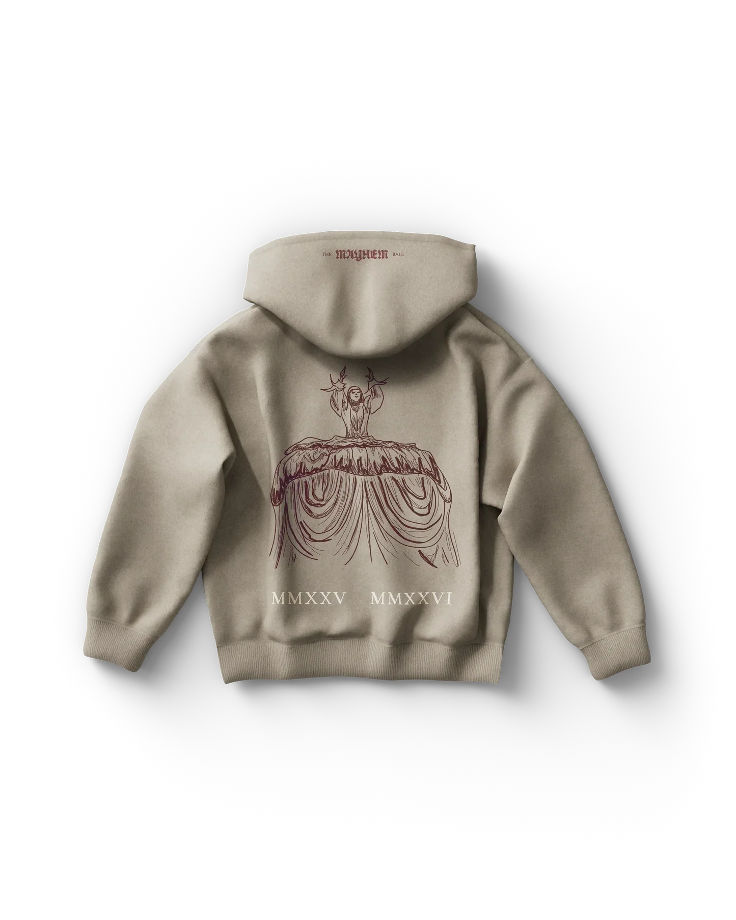 Beige Lady Gaga zip hoodie back view with stage illustration graphic, "The Mayhem Ball" text on hood, and "MMXXV MMXXVI" text at bottom
