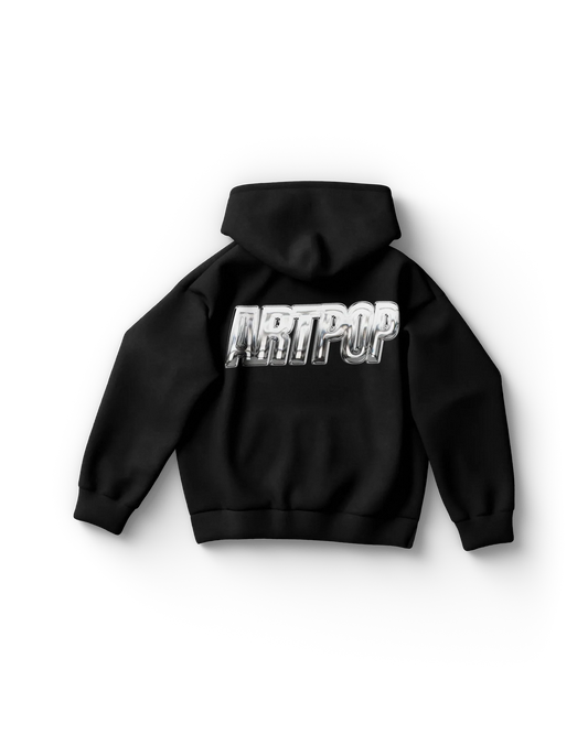 Black Lady Gaga merch hoodie back view with metallic chrome text "ARTPOP" centered on back
