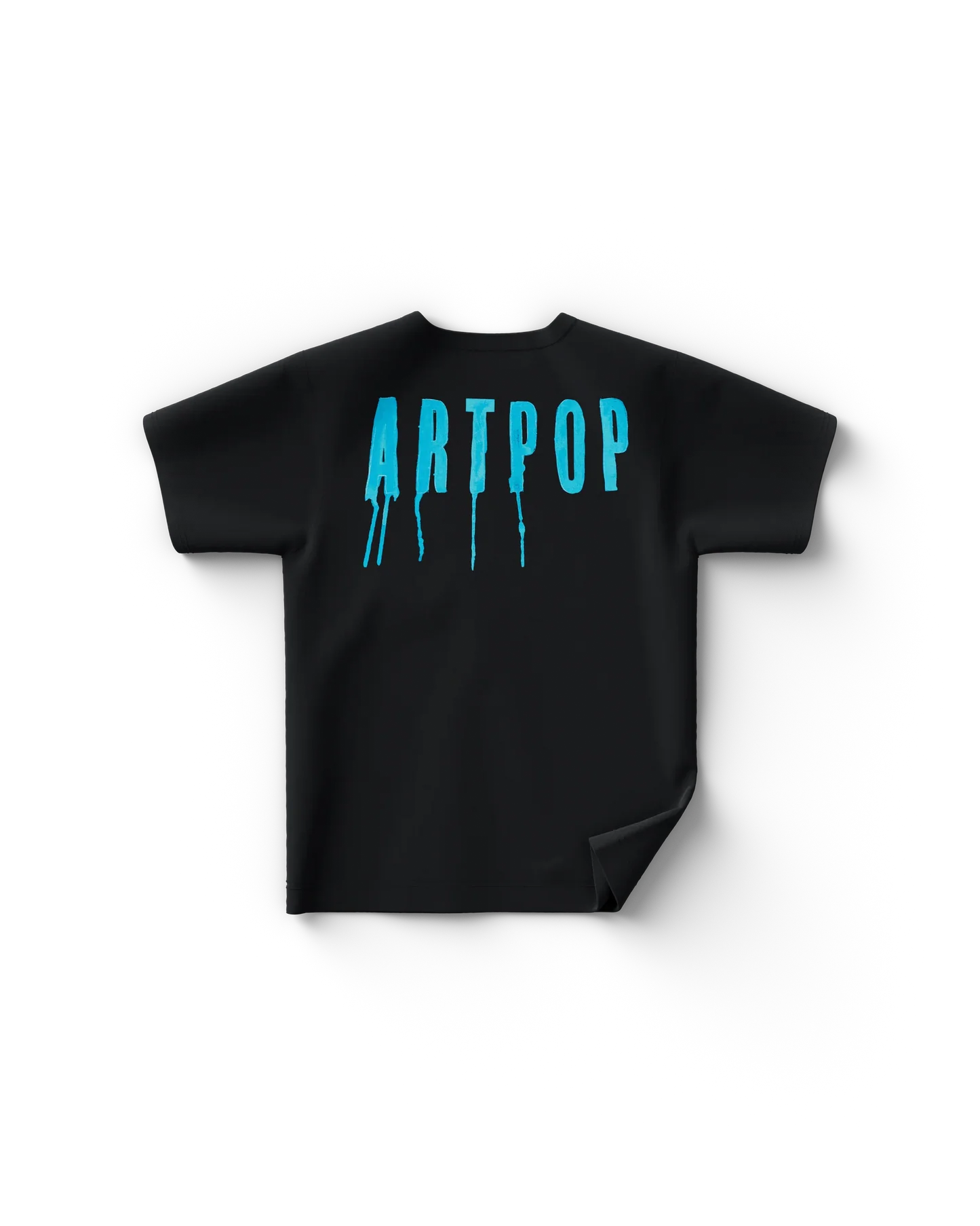 Black Lady Gaga merch t shirt back view with blue dripping text "ARTPOP" in bold stylized font