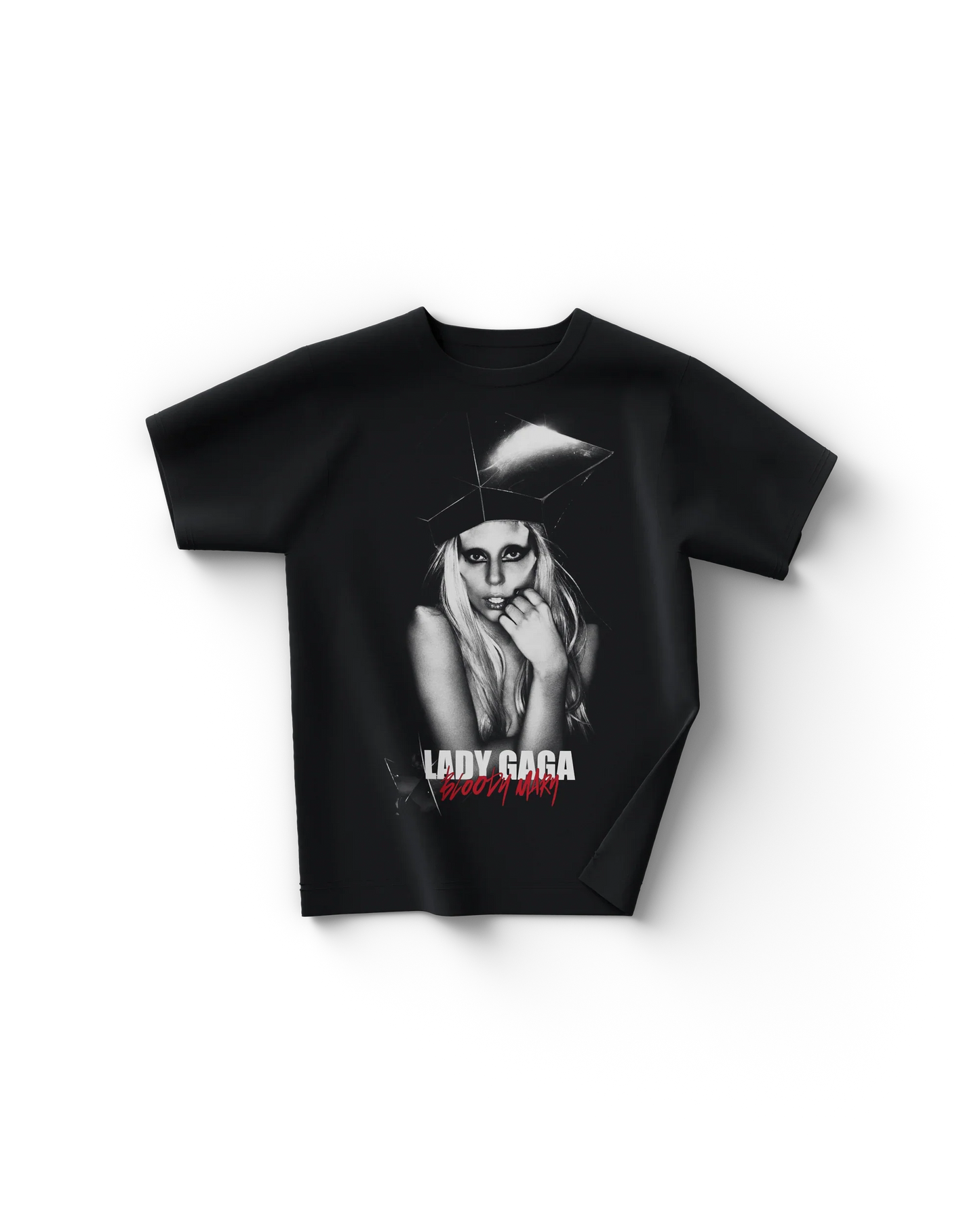 Black Lady Gaga t shirt front view with black and white portrait graphic and text "Lady Gaga Bloody Mary" in white and red lettering