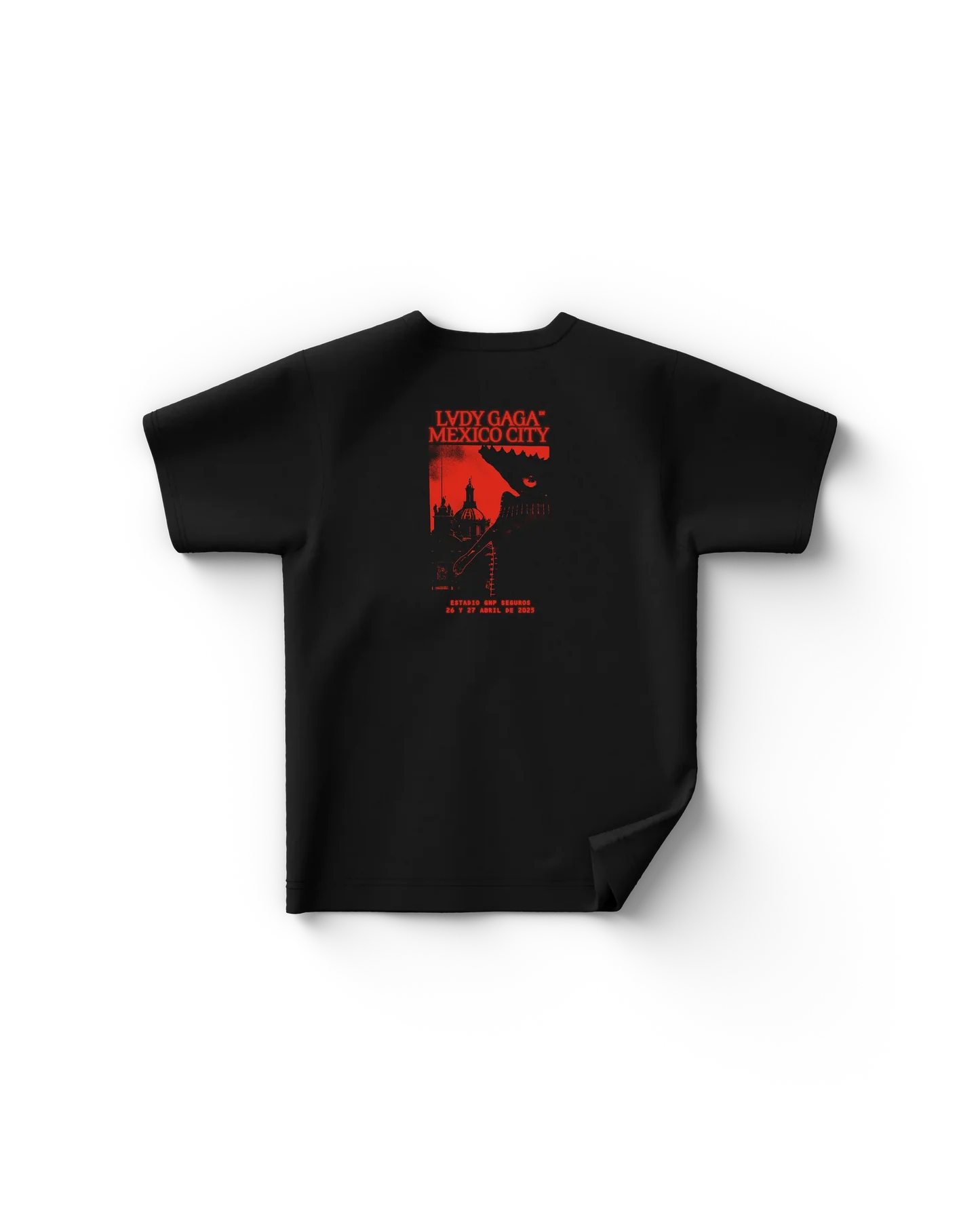 Black Lady Gaga t shirt back view featuring red Mexico City poster graphic with tour date details