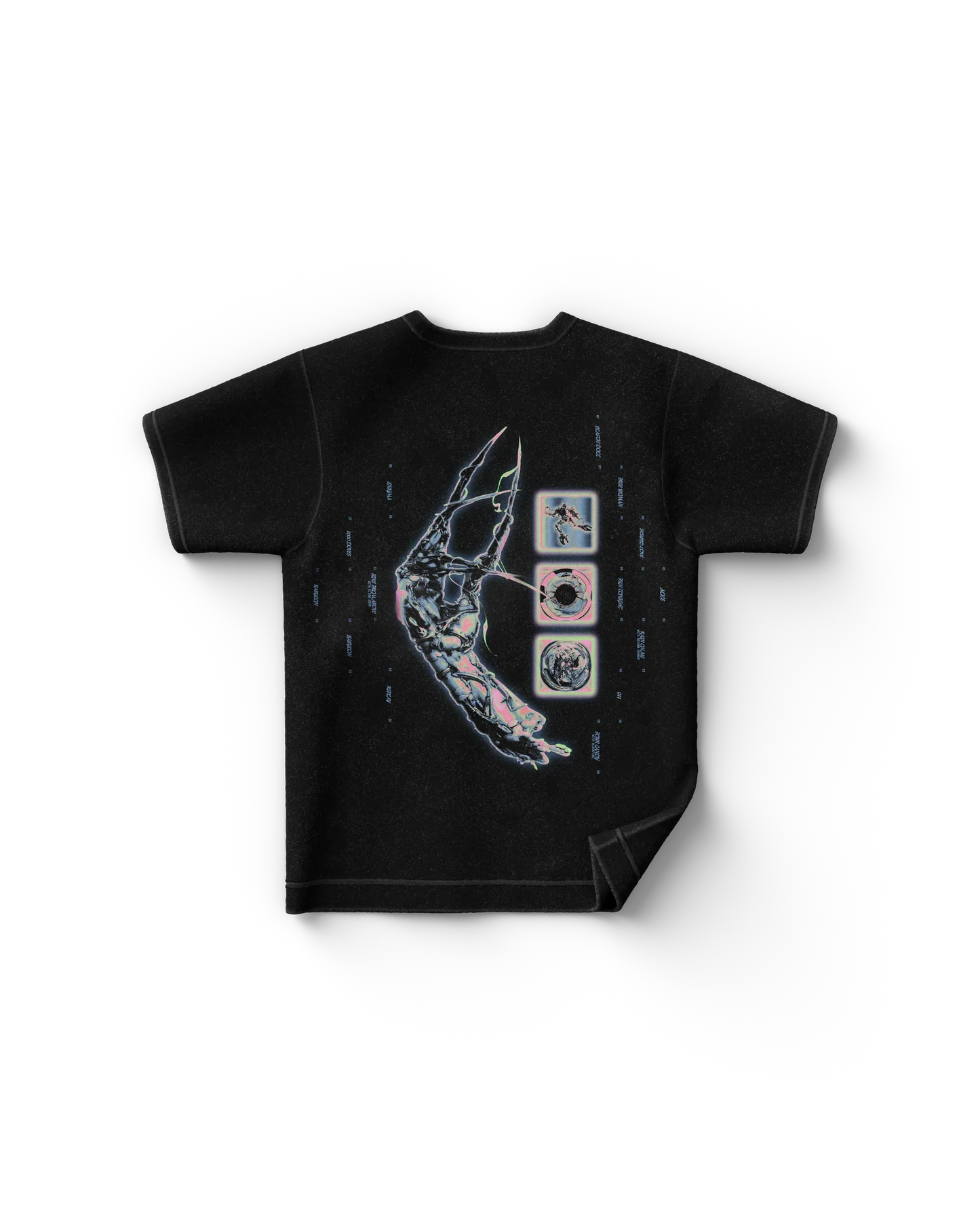 Black Lady Gaga merch t shirt back view with metallic claw graphic and futuristic panels in Chromatica era design