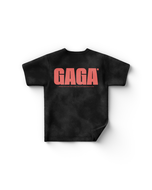 Black Lady Gaga merch t shirt back view with large red "GAGA" text and small album credit text underneath