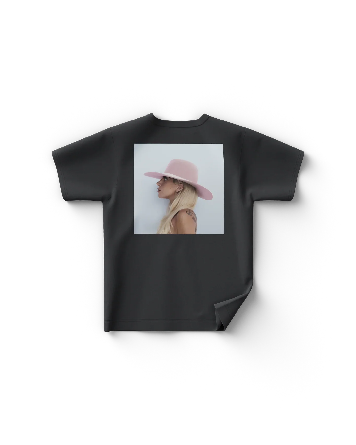 Black Lady Gaga t shirt back view with square portrait graphic of Lady Gaga wearing pink hat