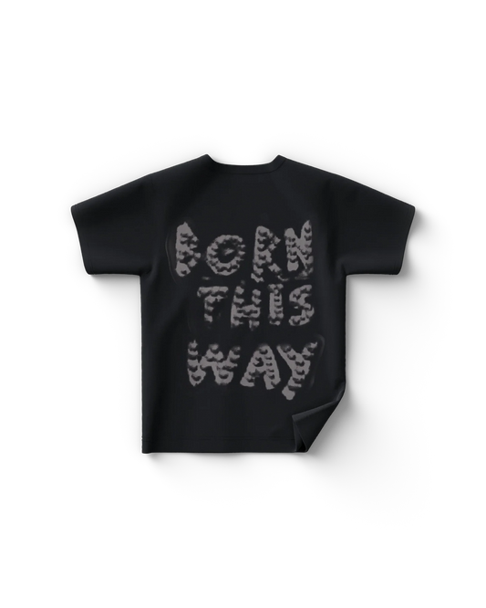 Black Lady Gaga t-shirt back view featuring bold “BORN THIS WAY” text in a textured white graphic style