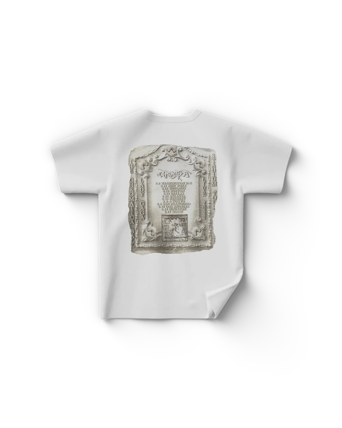 White Lady Gaga Chromatica t shirt back view featuring sculpted stone-style graphic with tour dates and classical frame design, elegant Gaga tour merch style