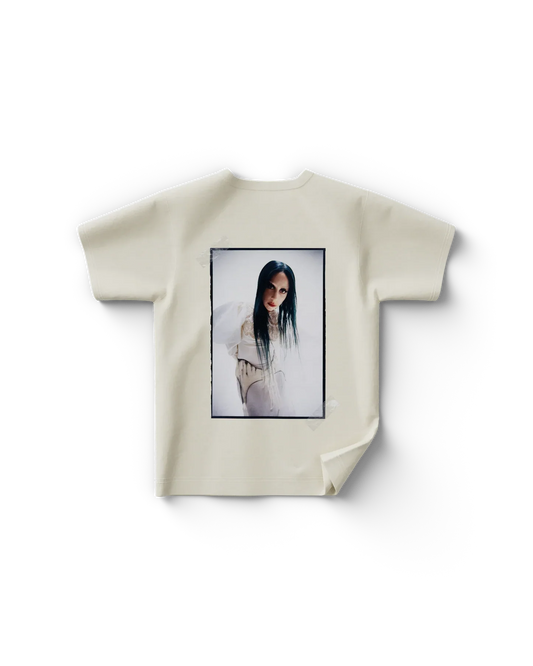 Cream Lady Gaga t shirt back view with large rectangular portrait photo graphic of Lady Gaga