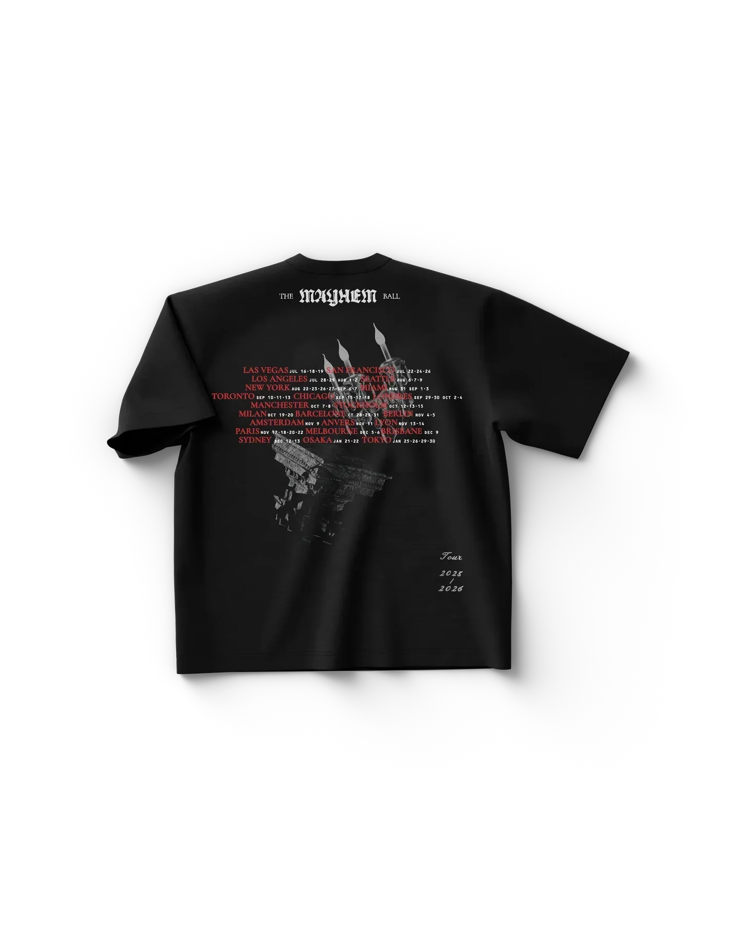 Black Lady Gaga t shirt back view featuring "The Mayhem Ball" tour dates design in red and white with graphic artwork