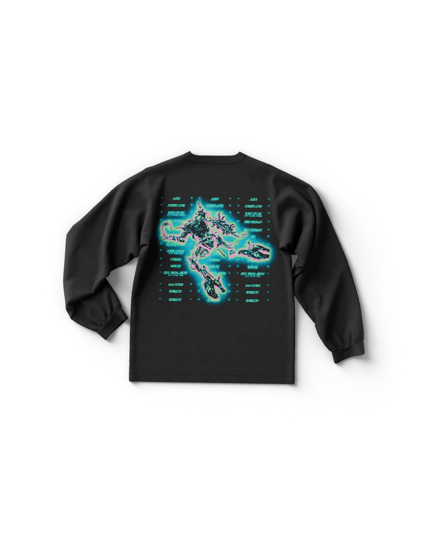 Black Lady Gaga long sleeve t shirt back view featuring futuristic creature graphic with tracklist text, Dawn of Chromatica merch design