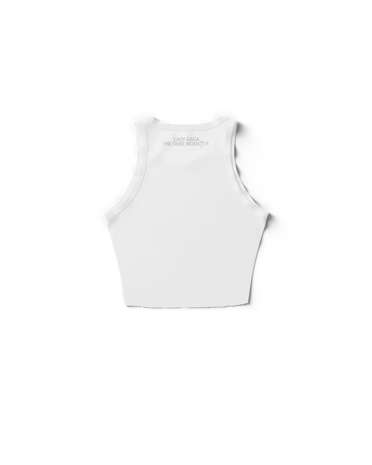 White Lady Gaga tank top back view with subtle “The Fame Monster” text near neckline, clean minimalist Gaga merch design