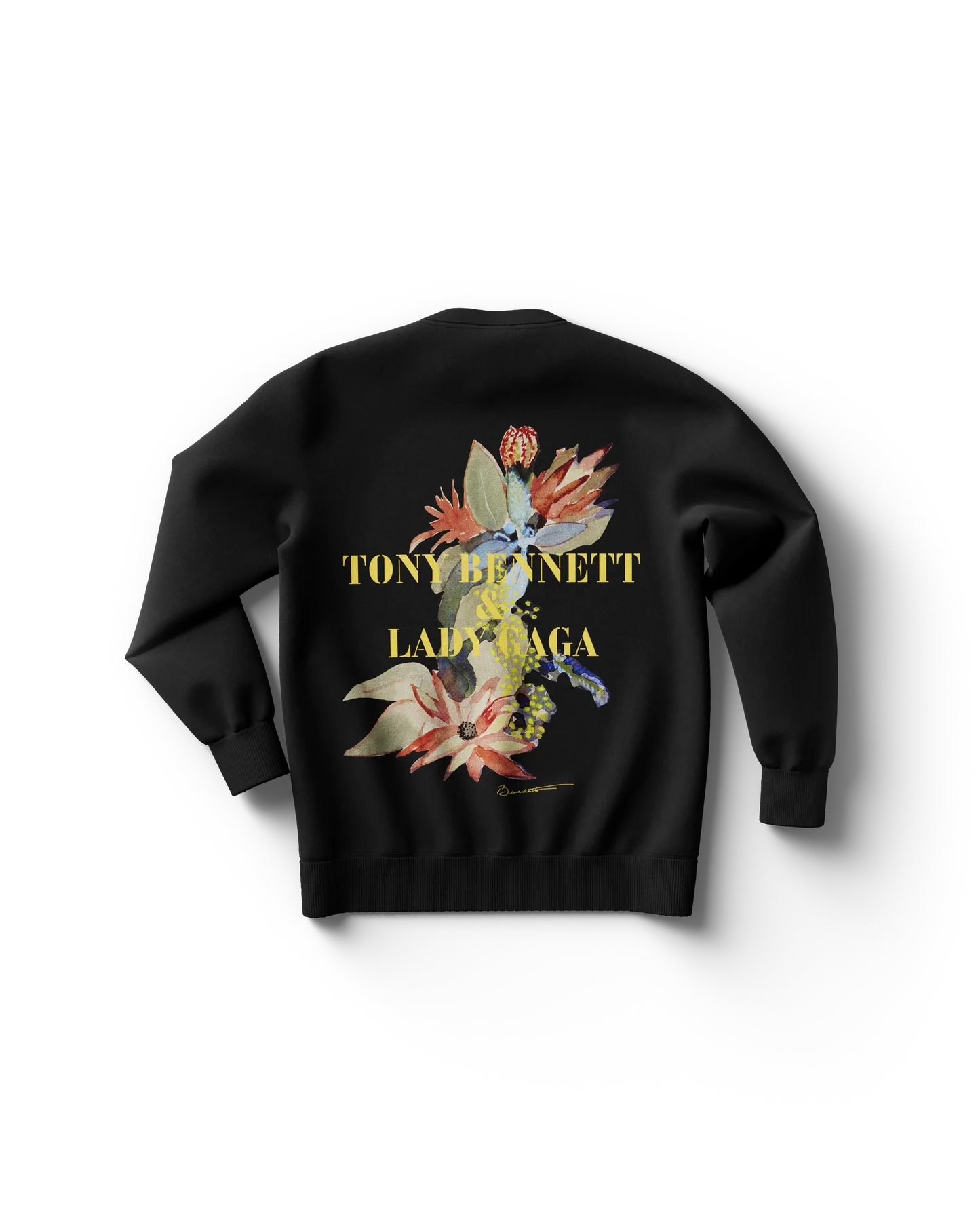 Black Lady Gaga Love For Sale crewneck sweatshirt back view featuring floral artwork with “TONY BENNETT & LADY GAGA” text, elegant jazz-inspired Gaga merchandise design