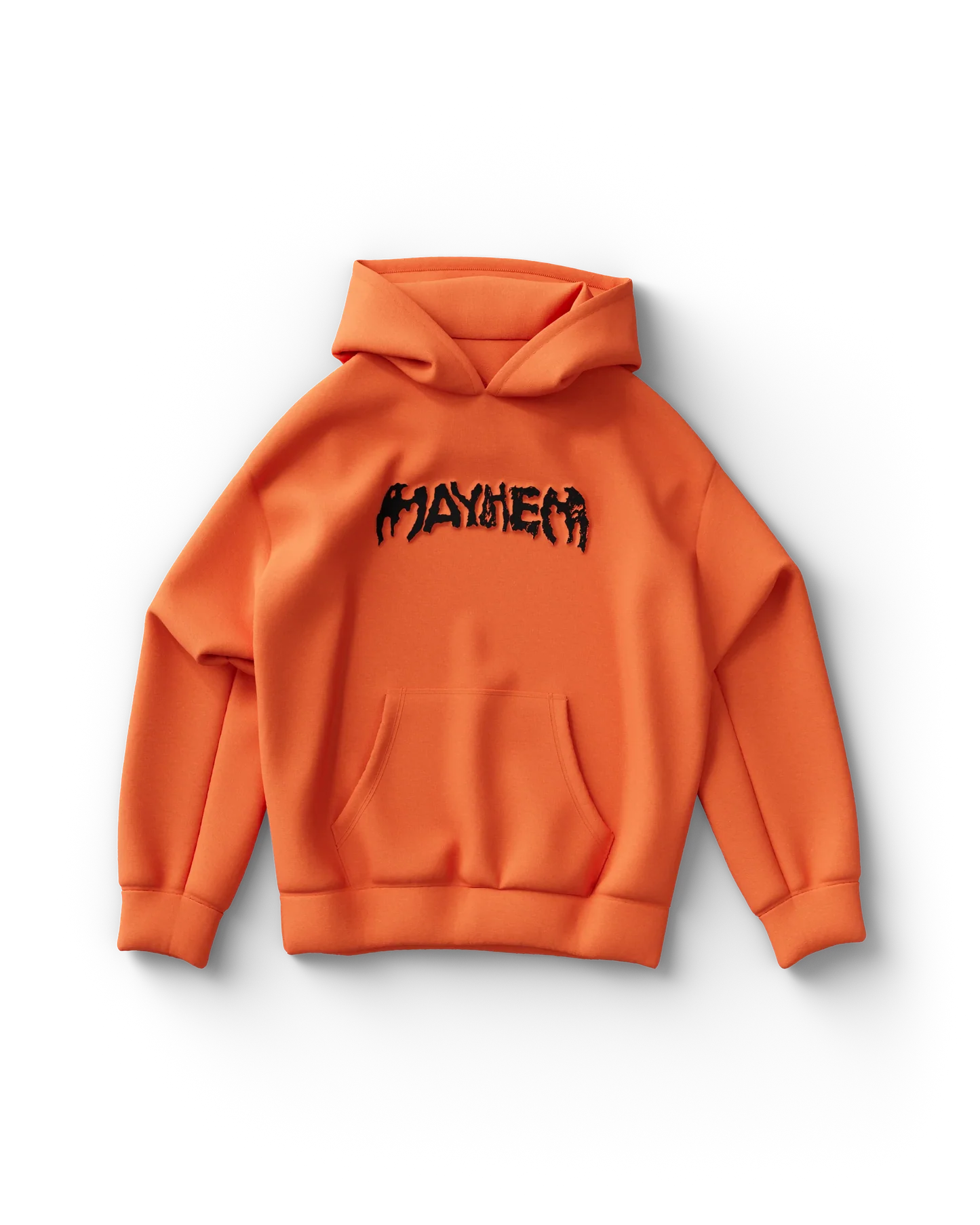 Orange Lady Gaga hoodie front view featuring black "Mayhem" logo text on chest with kangaroo pocket