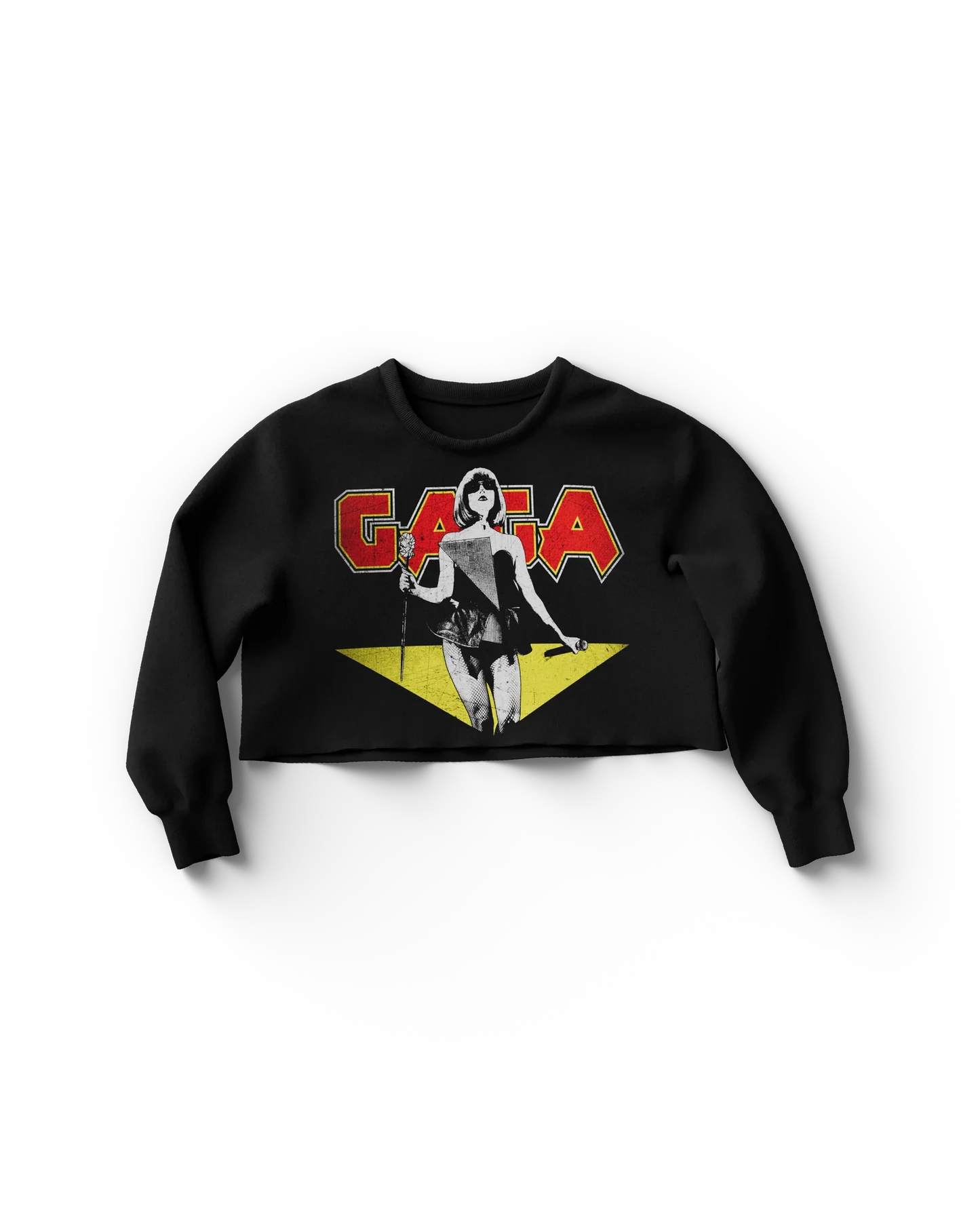 Black Lady Gaga cropped crewneck sweatshirt with bold red “GAGA” lettering and vintage-style graphic of Gaga holding a microphone, edgy rock-inspired Gaga merch design