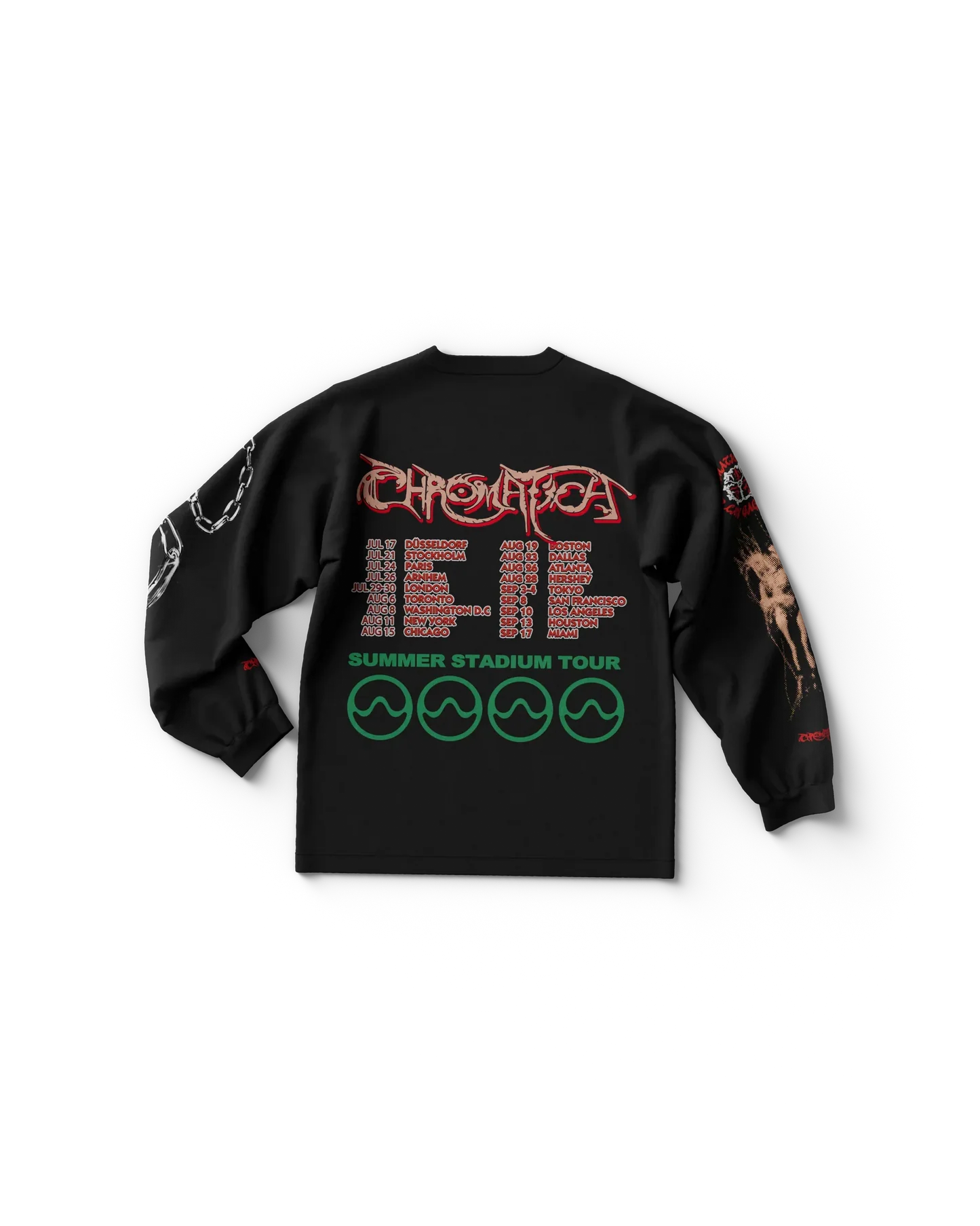 Black Lady Gaga long sleeve shirt back view featuring Chromatica logo with red tour dates and "Summer Stadium Tour" text in green