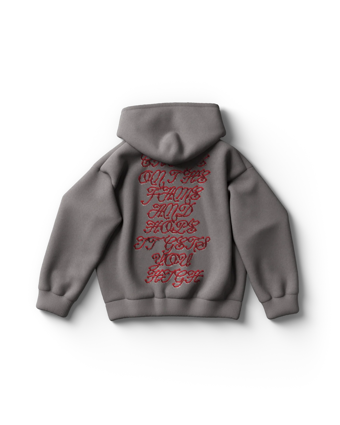Gray Lady Gaga hoodie back view featuring large red stylized text graphic design