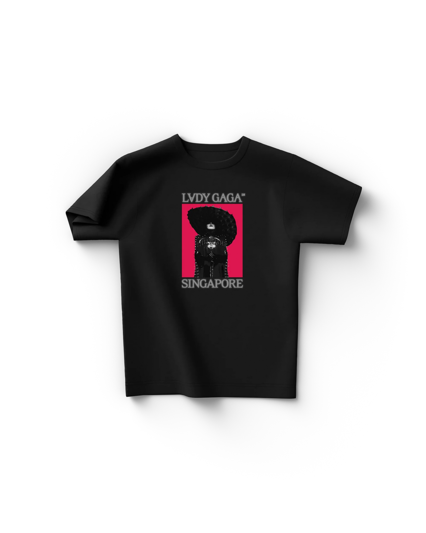 Black Lady Gaga t shirt front view with red poster-style graphic featuring Gaga portrait and “LVDY GAGA SINGAPORE” text, bold tour merch design