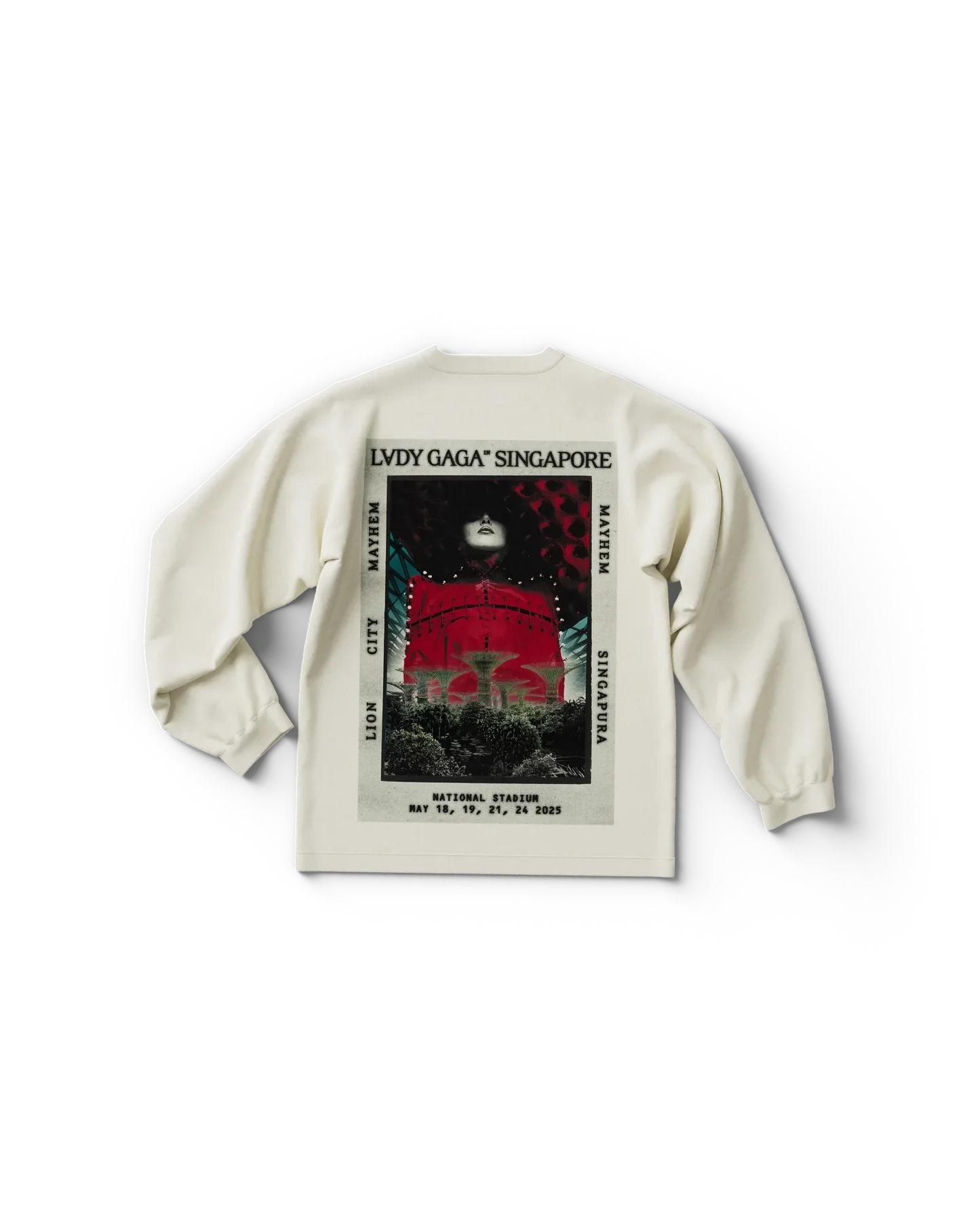 White Lady Gaga long sleeve t shirt back view featuring Singapore tour poster graphic with red outfit portrait and stadium dates, Gaga tour merch design