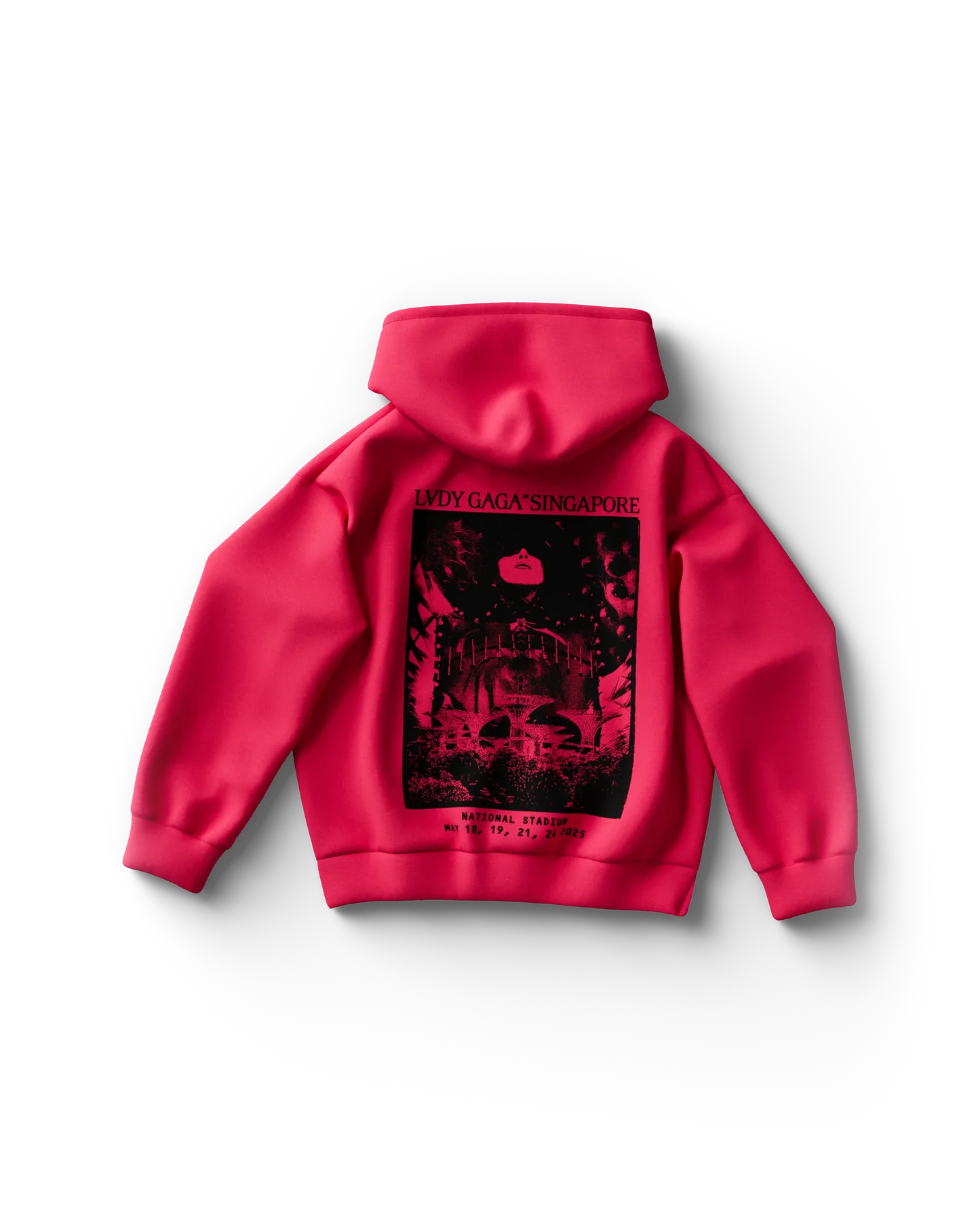 Pink Lady Gaga hoodie back view featuring bold Singapore tour graphic with portrait and concert dates, vibrant Gaga merch design