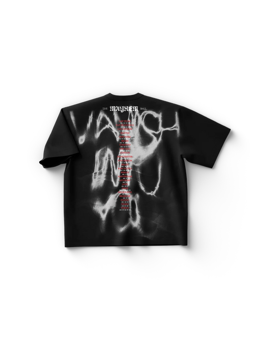 Black Lady Gaga t-shirt back view featuring “The Mayhem Ball” tour dates in red over abstract white graphic design