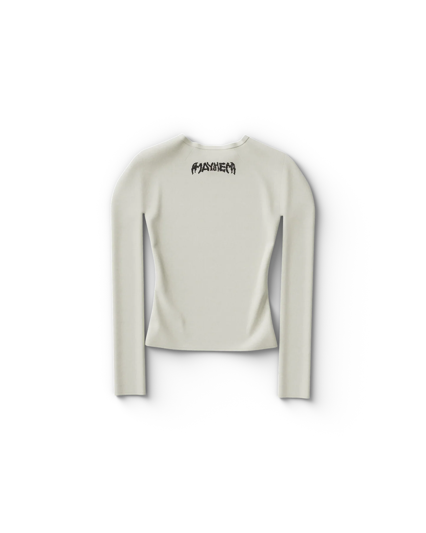 Cream fitted long sleeve Lady Gaga t-shirt back with small MAYHEM logo printed at upper back neckline
