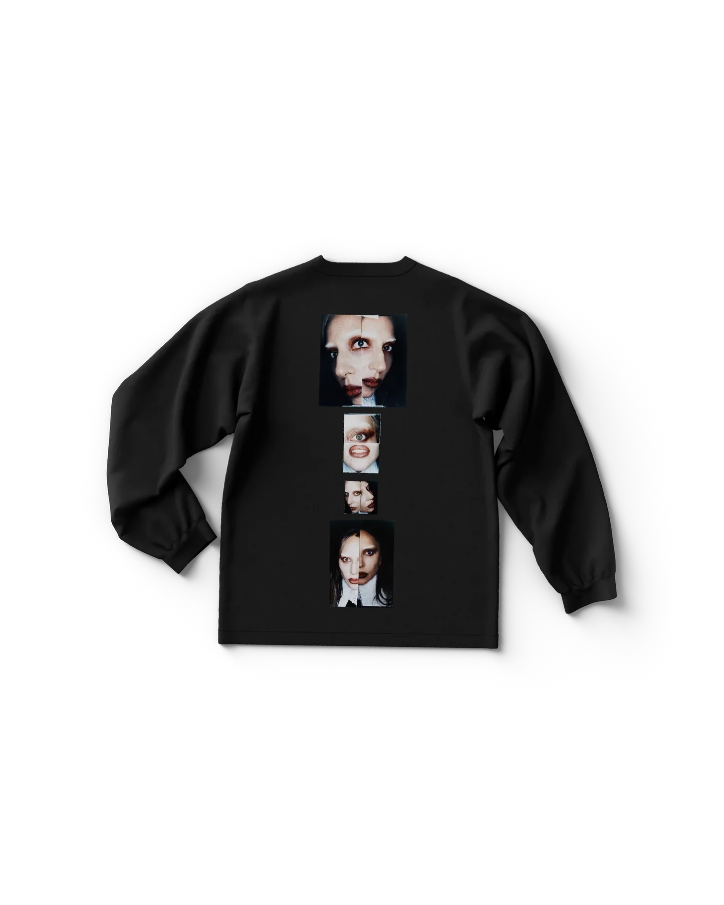 Black long sleeve Lady Gaga t-shirt back featuring vertical stacked photo collage of Lady Gaga portraits in rectangular frames