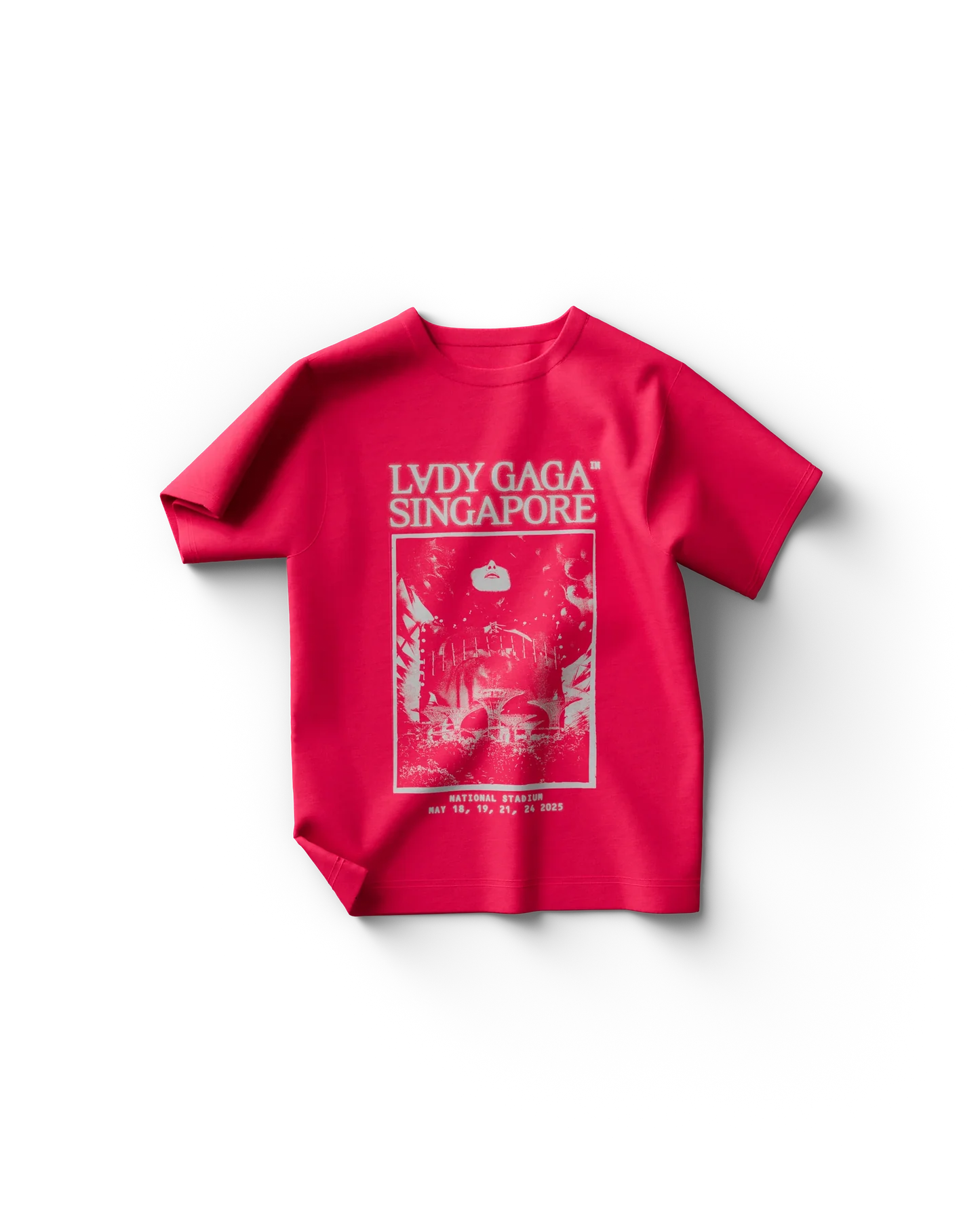 Lady Gaga pink Singapore T-shirt featuring “LVDY GAGA SINGAPORE” text with concert poster graphic and National Stadium 2025 tour dates on front