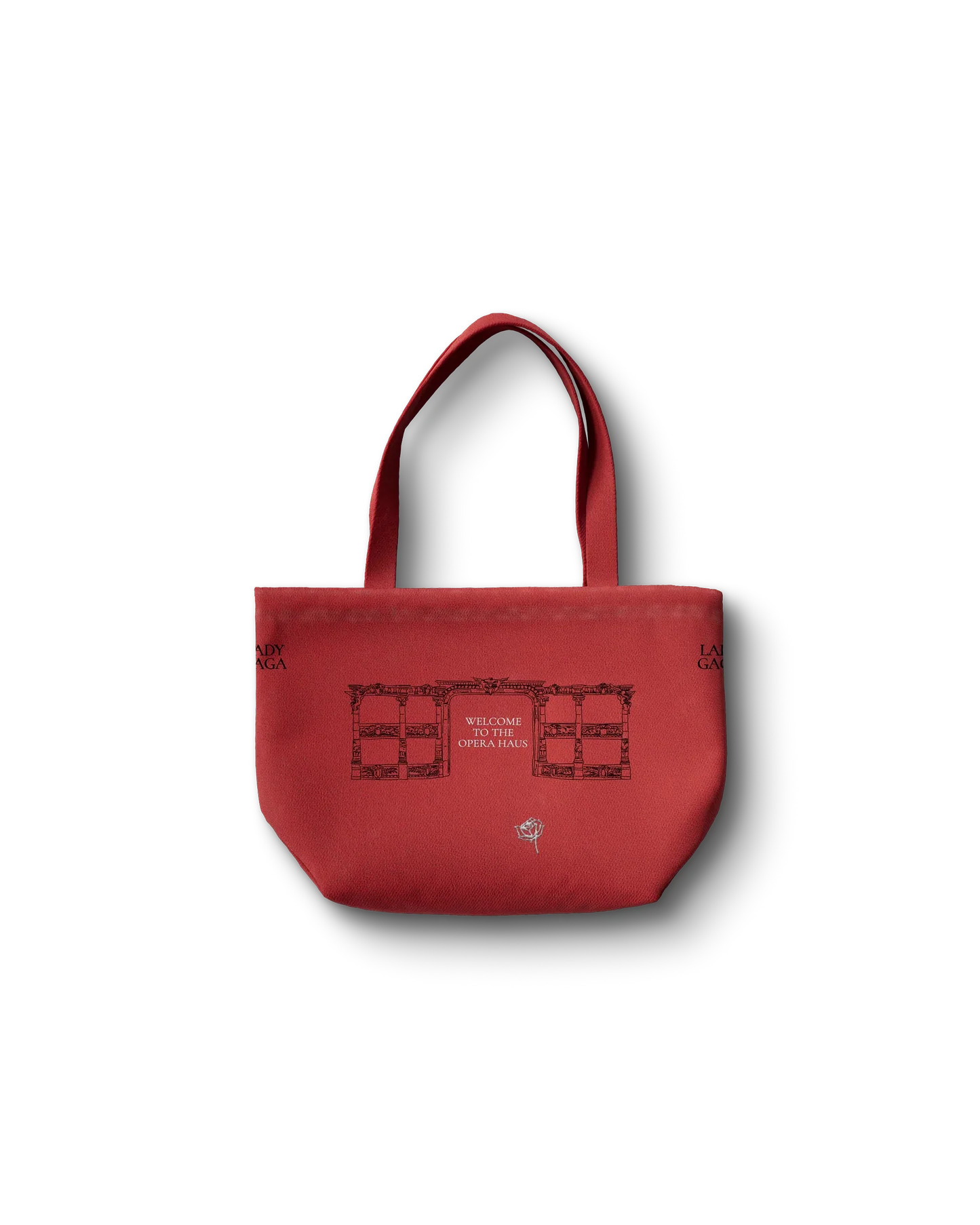 Lady Gaga red Opera Haus tote bag back featuring “Welcome to the Opera Haus” illustration with architectural graphic and rose detail
