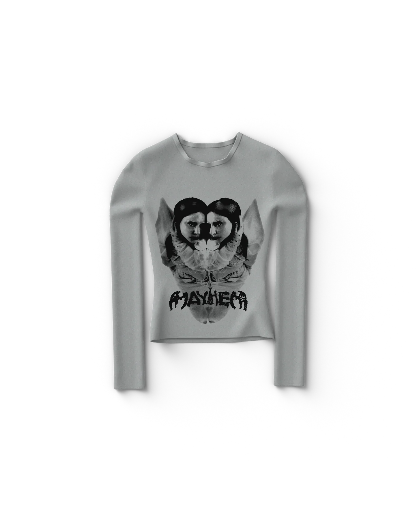 Gray Lady Gaga fitted long sleeve t-shirt featuring mirrored black-and-white portrait graphic with “Mayhem” text, sleek and edgy Gaga merch design