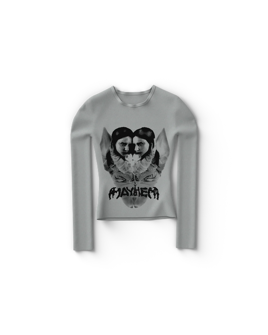 Gray Lady Gaga fitted long sleeve t-shirt featuring mirrored black-and-white portrait graphic with “Mayhem” text, sleek and edgy Gaga merch design