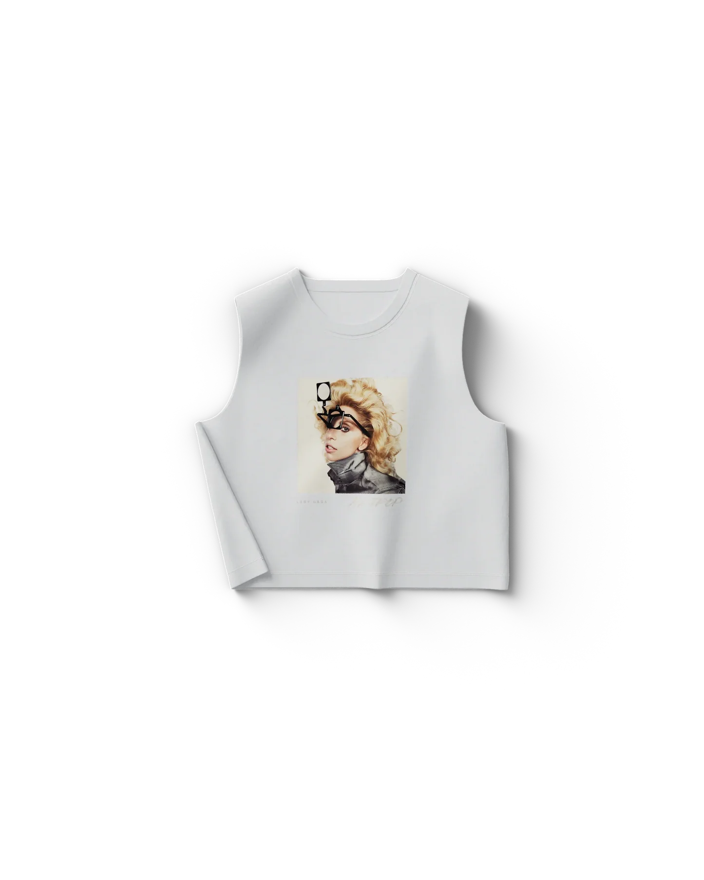 Lady Gaga ARTPOP glasses portrait cropped tank top in white featuring iconic blonde portrait with sculptural black glasses graphic