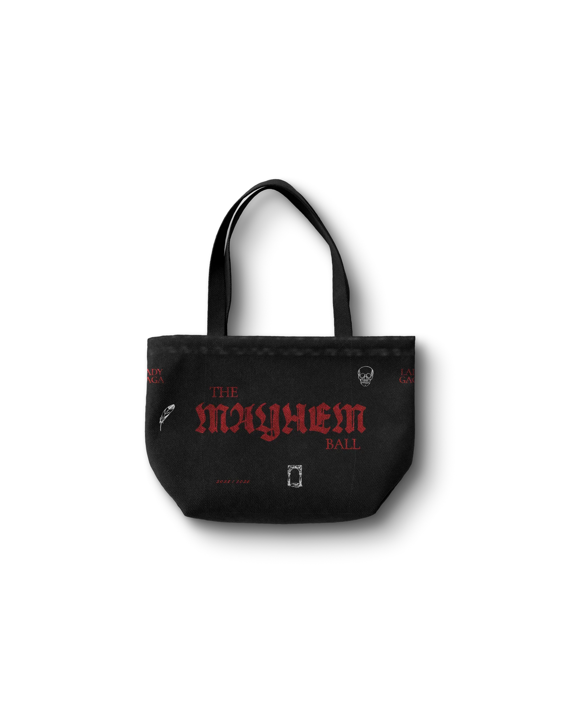 Lady Gaga black Opera Haus tote bag front featuring “The Mayhem Ball” red gothic text with small graphic icons on canvas