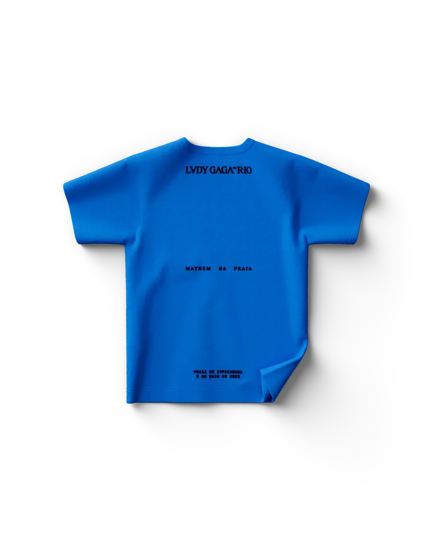 Back of Lady Gaga blue Rio silhouette T-shirt with “LVDY GAGA RIO” text, “Mayhem na Praia” detail, and Copacabana beach date printed in black minimalist typography