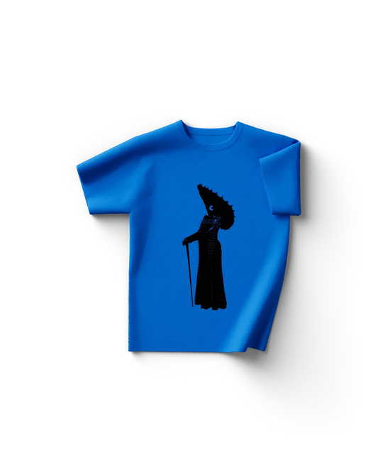 Lady Gaga blue Rio silhouette T-shirt featuring black dramatic silhouette graphic of Gaga in avant-garde outfit centered on front