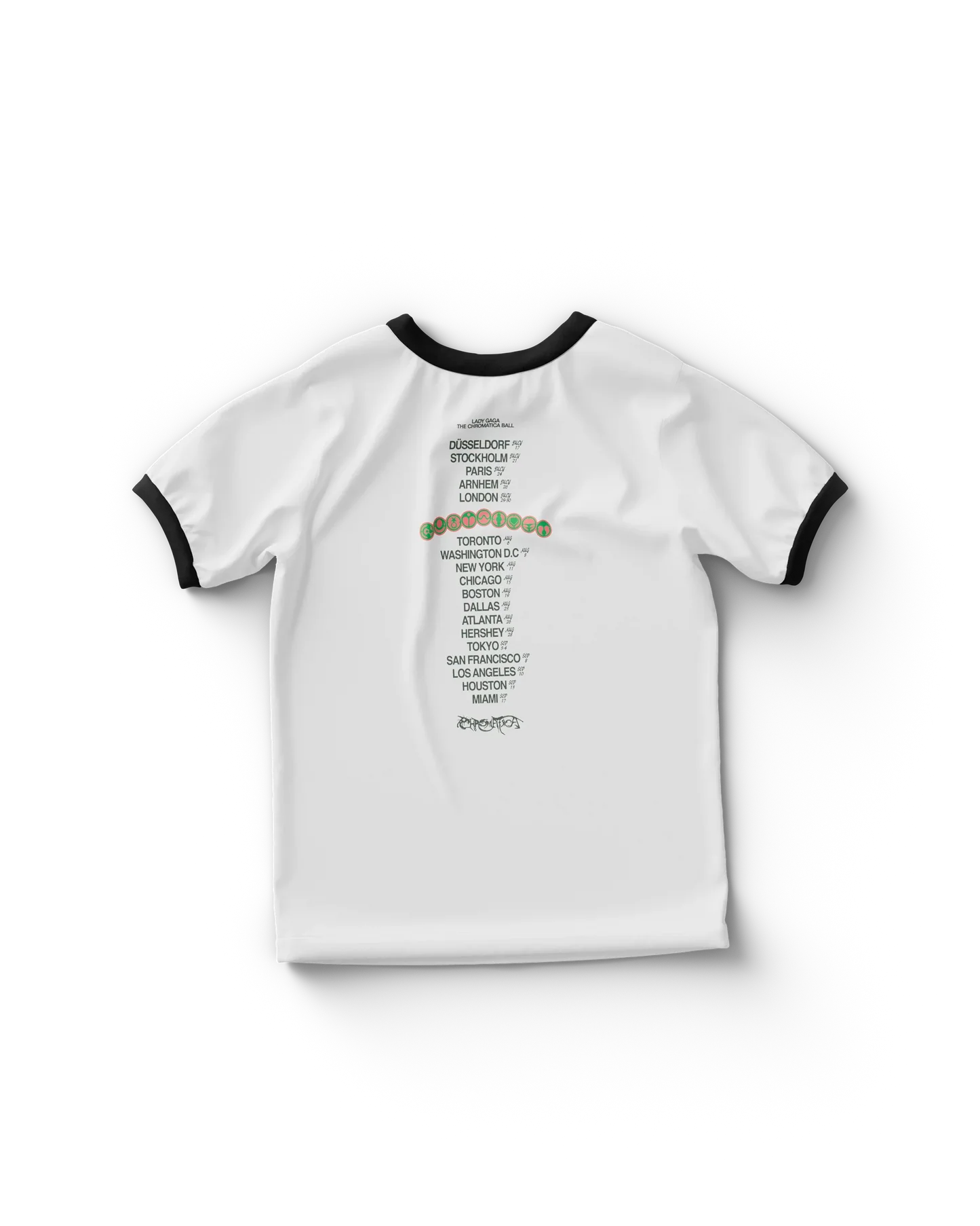 Lady Gaga Chromatica Ball tour ringer T-shirt back with full list of global tour cities printed in stacked layout with Chromatica graphic accents