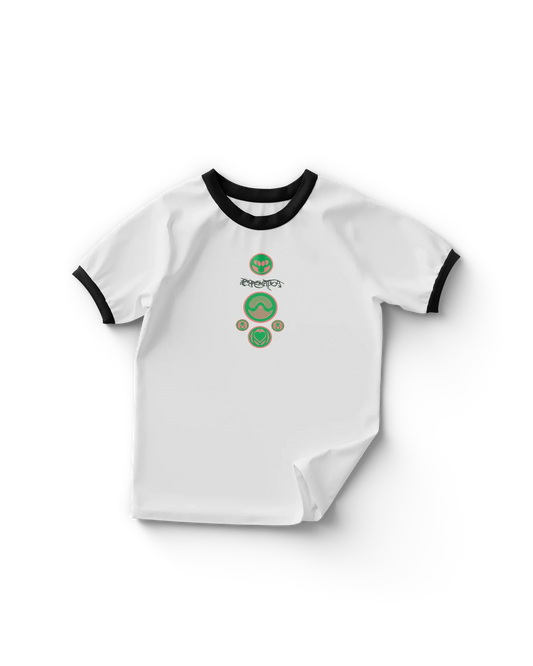 Lady Gaga Chromatica Ball white ringer T-shirt with black collar and sleeves featuring green and pink Chromatica symbols graphic on front