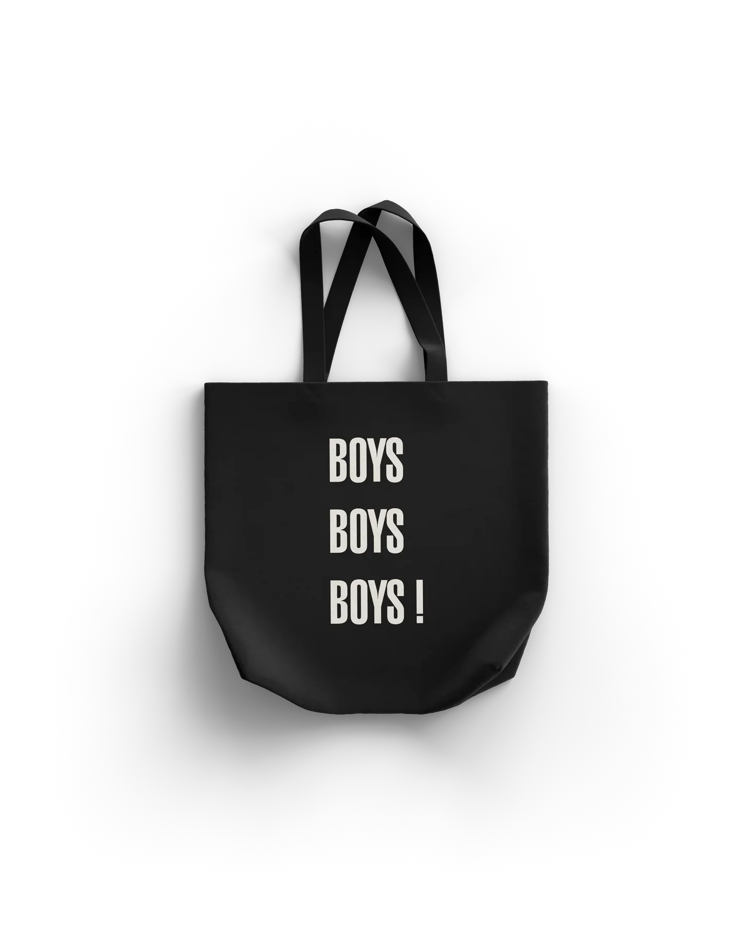 Lady Gaga Keyhole Boys tote bag back featuring stacked “Boys Boys Boys!” text in bold white lettering on black canvas