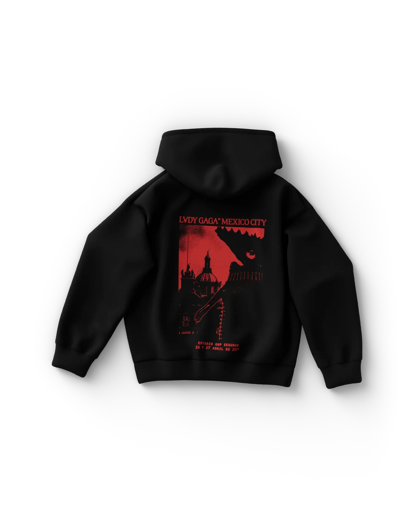 lady gaga black mexico city hoodie back gaga merchandise featuring red concert graphic with city skyline and tour details