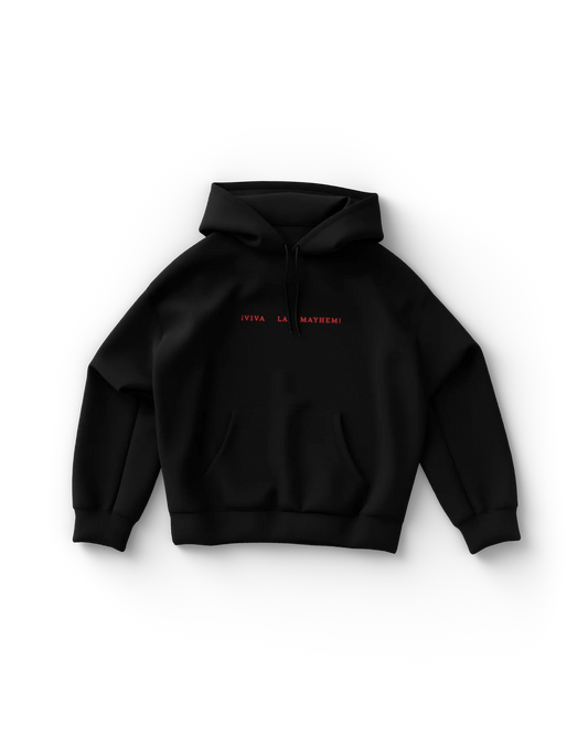 lady gaga black cdmx hoodie front gaga merch featuring viva la mayhem text in red minimalist design