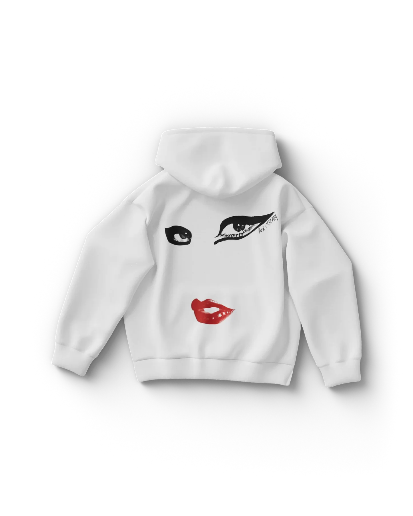 White Lady Gaga hoodie back featuring black eye graphics and red lips from Born This Way album artwork