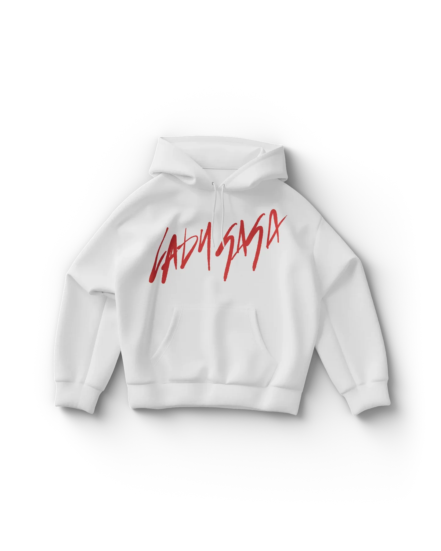 White Lady Gaga hoodie front featuring red handwritten Lady Gaga logo text across chest