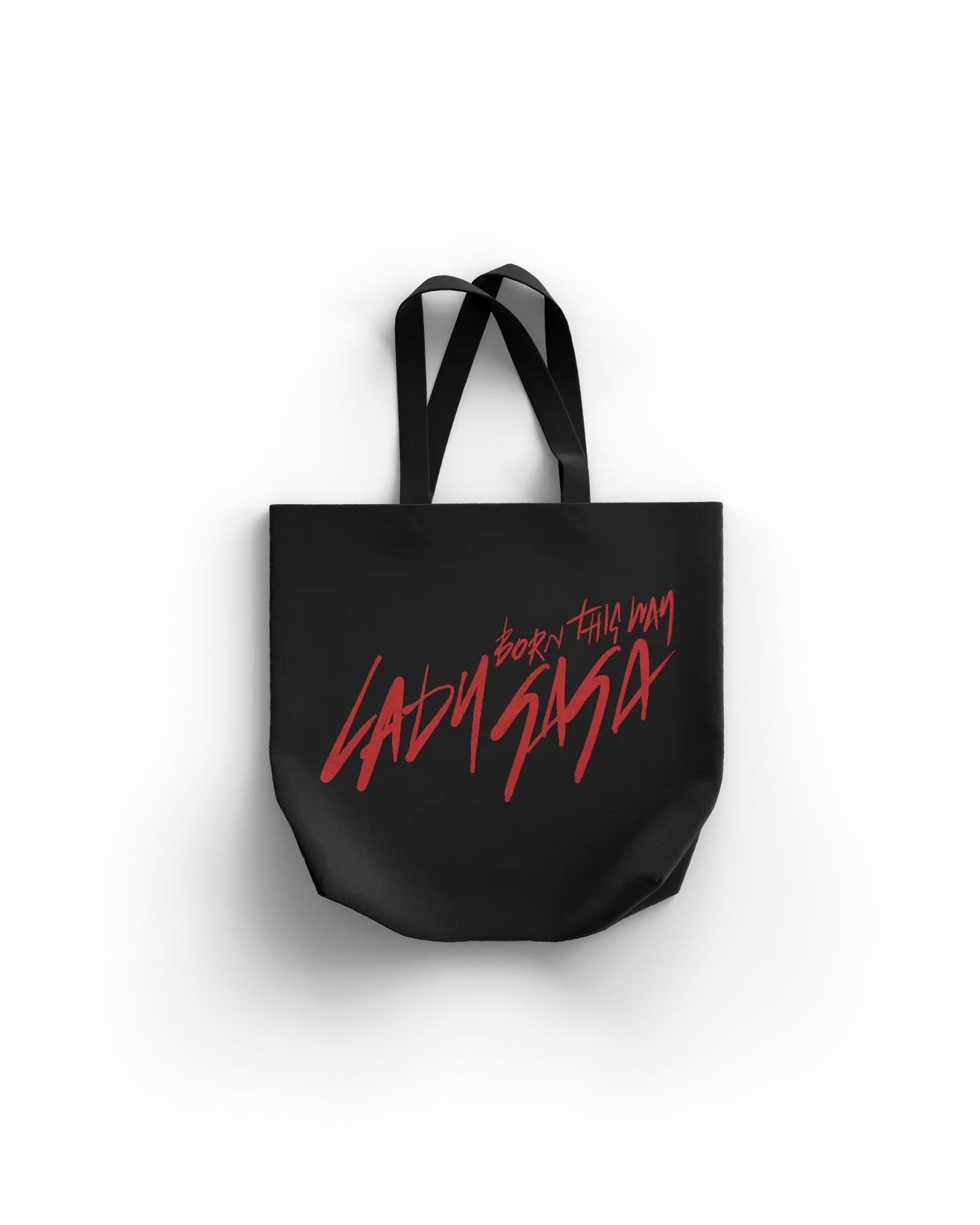 lady gaga born this way script tote black gaga merch bag featuring red handwritten logo design