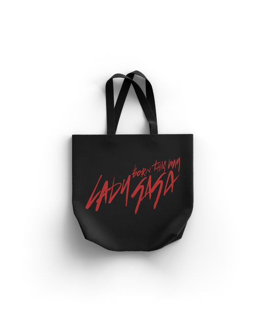 lady gaga born this way script tote black gaga merch bag featuring red handwritten logo design