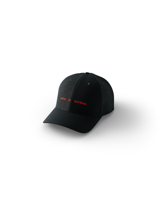 lady gaga cdmx hat front black gaga merch featuring viva la mayhem red text embroidery on baseball cap