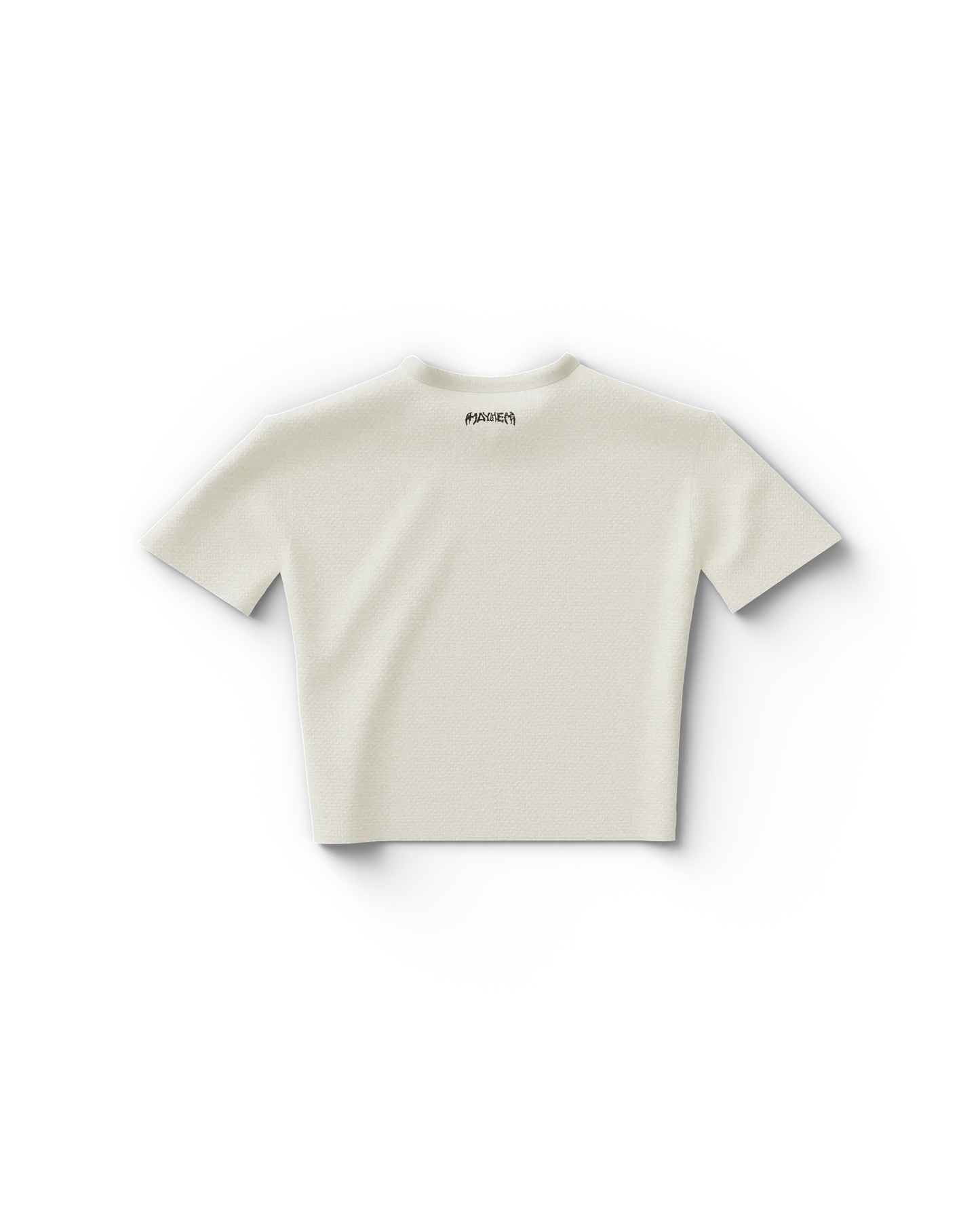 Cream cropped Lady Gaga baby t-shirt back with minimal design and small MAYHEM logo text near neckline