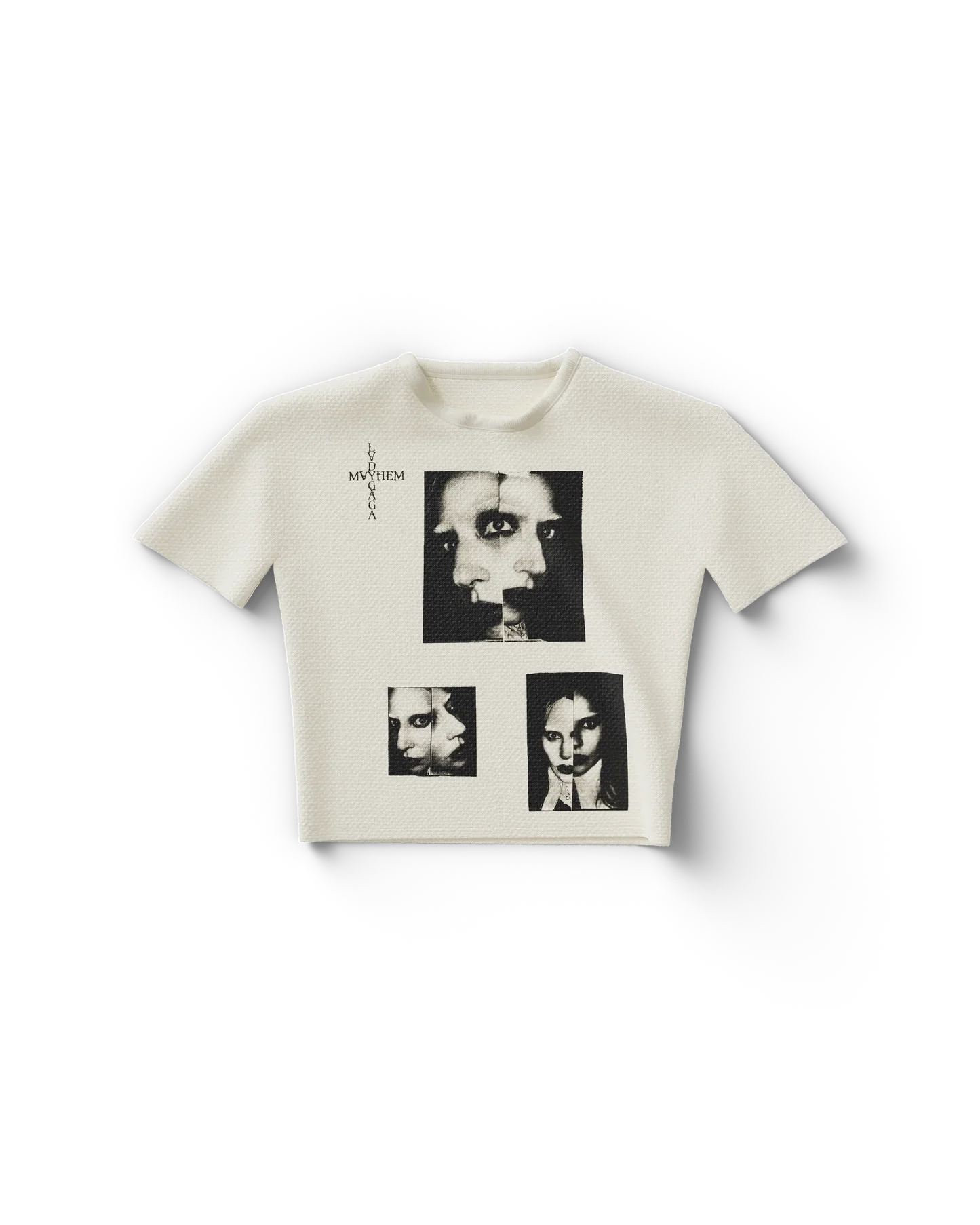 Cream cropped Lady Gaga baby t-shirt front featuring black and white collage photo prints of Lady Gaga faces