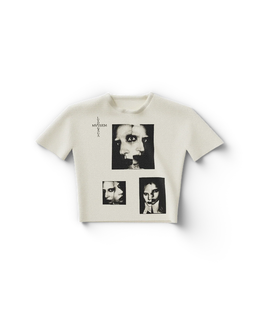 Cream cropped Lady Gaga baby t-shirt front featuring black and white collage photo prints of Lady Gaga faces